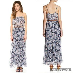 Joie Rominette Silk Floral Ruffle Belted Sleeveless Maxi Dress Navy Blue Pink XS